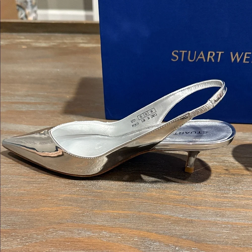 Stuart Weitzman Eva 50 Slingback Pumps 5.5 NIB Silver Metallic Luxury Heels $475